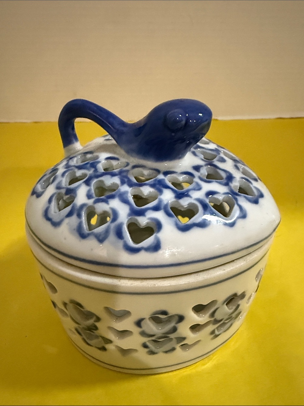 Blue and White Heart Cutout Ceramic Trinket Box with Tadpole Handle